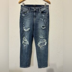 Judy Blue Distressed Boyfriend Fit Mid Rise Jeans in Dark Blue - Size 29